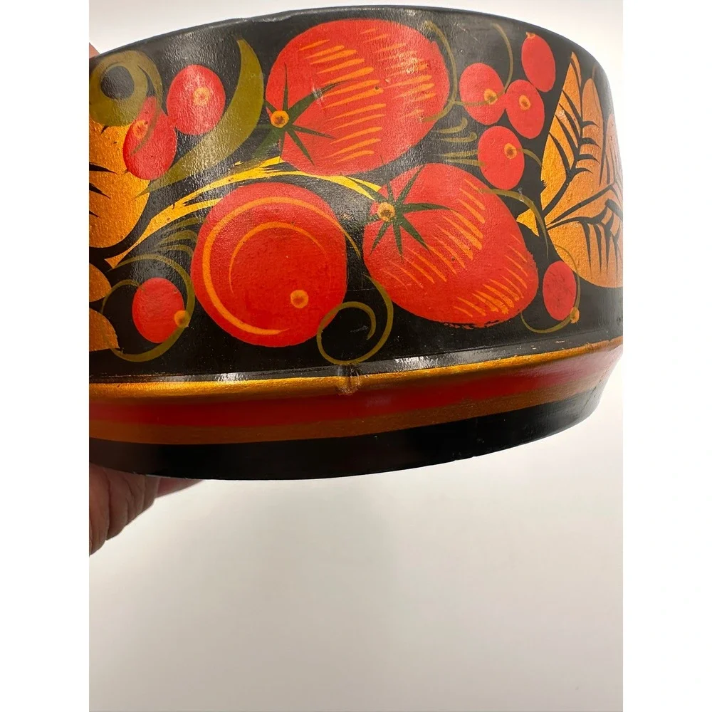Vintage Khokhloma Wooden Bowl Hand Painted Strawberry Folk Art Black Gold